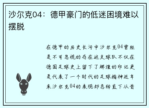 沙尔克04：德甲豪门的低迷困境难以摆脱